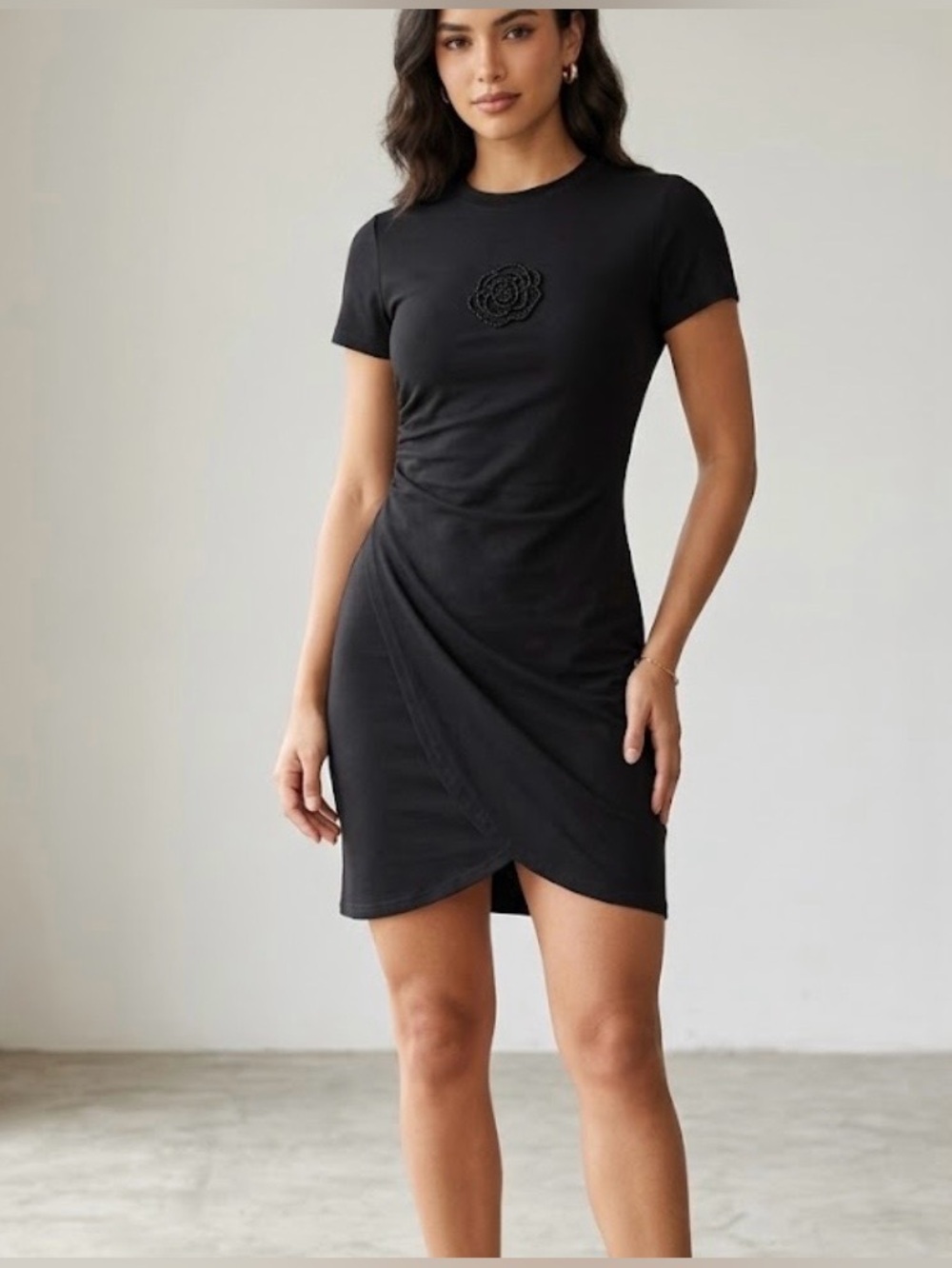 CHEAR VODA Black Short-Sleeve Wrap-Front Mini Dress SIZE XXL stretch